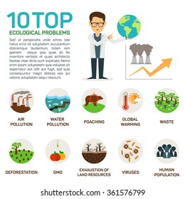 Vector Illustration Of Top 10 Ecological Problems. Air And Water Polution, Poaching, Global Warming, Deforestation, Gmo, Viruses, Exhaustion, Human Population