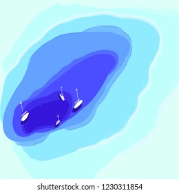 Vector illustration: Top aerial Sea bay coast  view of yacht boat on sea with waves and beach. Summer background  landscape sketch seascape