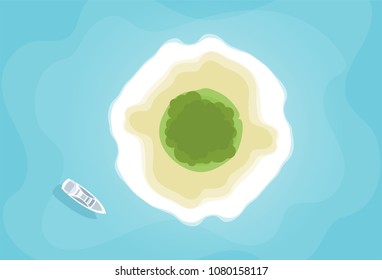 Vector illustration: Top aerial view of tropical island and yacht boat. Summer background