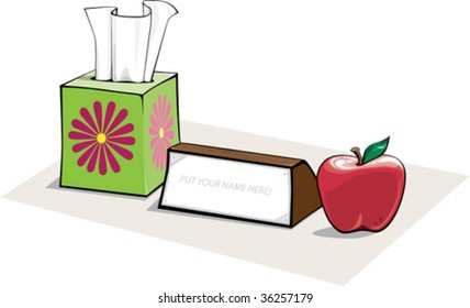 a vector illustration of the top of a desk with name plate, tissue box, and an apple, prefect for a school teacher, nurse, or doctor