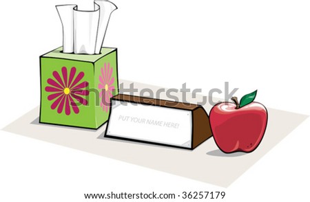 a vector illustration of the top of a desk with name plate, tissue box, and an apple, prefect for a school teacher, nurse, or doctor