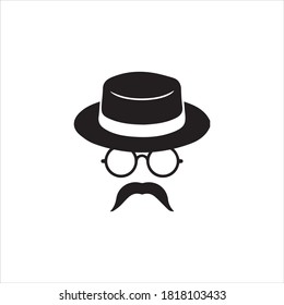 Ilustración vectorial de las gafas de sombrero superior y el icono del bigote diseño de cara en blanco y negro.
