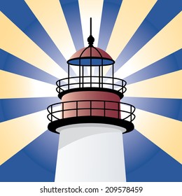 Vector illustration of the top of a lighthouse illuminating the night.