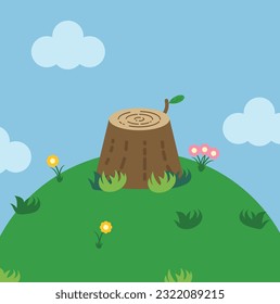 Vector illustration of the top of a mountain, landscape of a beautiful meadow, with herbs and wild flowers, felled trunk of a tree. Natural landscape.