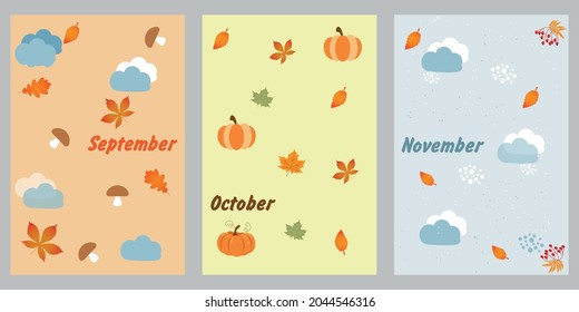 Vector illustration for top page in calendar. Wallpaper for autumn. September, october, november. Background for phone and cards. Autumn greeting card. Collection of fall templates.