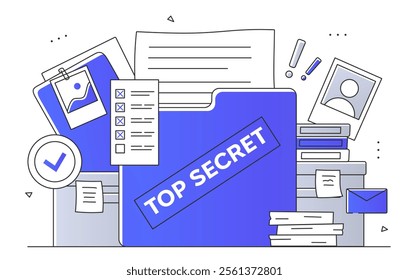 Vector illustration of a Top Secret file folder surrounded by documents, ID badge, checklist, envelope, and books. Clean, modern design with blue and gray tones, perfect for confidentiality concepts