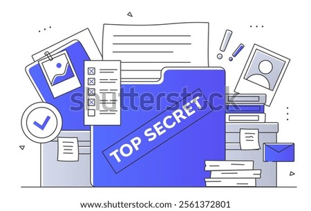 Vector illustration of a Top Secret file folder surrounded by documents, ID badge, checklist, envelope, and books. Clean, modern design with blue and gray tones, perfect for confidentiality concepts