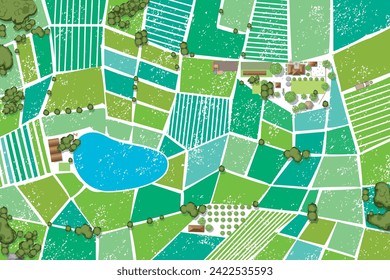 Ilustración vectorial de una vista superior de los campos agrícolas. Vista desde arriba. Granja. Campos verdes de forma geométrica regular. Lago. Carreteras. Árboles.