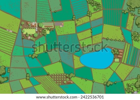 Vector illustration of a top view of agricultural fields. View from above. Farm. Green fields of regular geometric shape. Lake. Roads. Trees.
