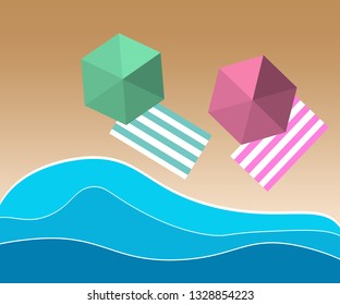 Vector illustration of a top view of the beach with umbrellas and sun beds in flat style