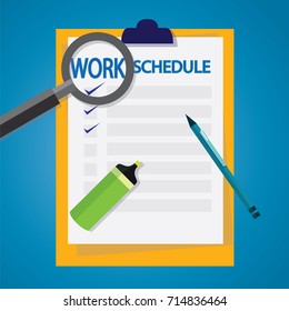 Vector illustration. Top view business concept. Work schedule list paper with pen, highlighter and magnifying glass focus on work word