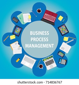 Vector illustration. Top view business process management concept. Working desk in circle shape showing laptop, papers, notes, tablets, cell phones from above