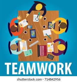 Vector illustration. Top view business team work concept. Working desk from above view with businessmen meeting