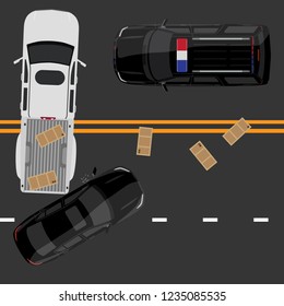 Vector illustration top view of car accident with white pick up car and black sedan on road. Police car