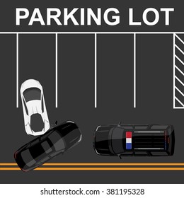 Vector illustration top view of car accident with white sport car and black sedan on road. Police car