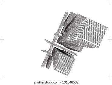 Vector illustration of top view of the center of the modern city with different skyscrapers which are formed from newspaper columns. Text unreadable. The right-hand part of the picture.