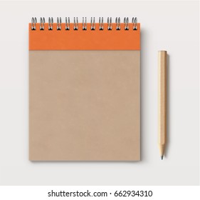 Vector illustration of top view of closed spiral brown craft paper cover notebook with detailed classic wooden pencil on white desk background