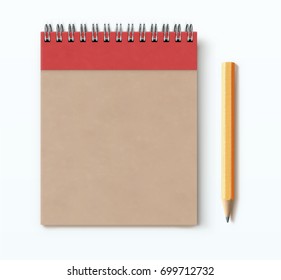Vector illustration of top view of closed spiral brown craft paper cover notebook with detailed classic yellow pencil on white desk background