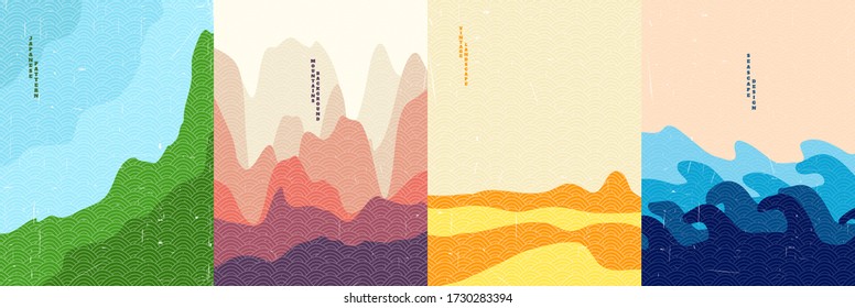Vector illustration. Top view coastline, hills, desert sand, ocean water waves. Old paper with scratches effect. Hand drawn Japanese pattern. Vintage nature graphic. Abstract flat landscape design
