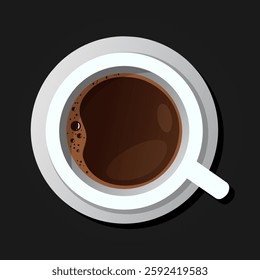 Vector illustration top view of coffee cup isolated on a dark backgroud.