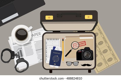 Vector illustration top view detective briefcase with camera, passport and ticket, glasses and mustache, file folder with top secret and notepad. Background, wallpaper detective table.