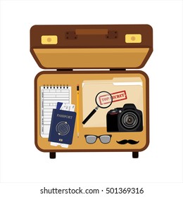 Vector Illustration Top View Detective Briefcase With Camera, Passport And Ticket, Glasses And Mustache, File Folder With Top Secret And Notepad