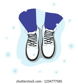 Vector illustration of the top view of the female legs in boots on the snow. The psychological concept of personal boundaries, loneliness.