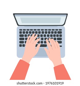 Vector illustration top view hands typing on laptop computer. Freelancer, developer or designer workplace. Cartoon doodle flat style. Work from home concept. Businessman working