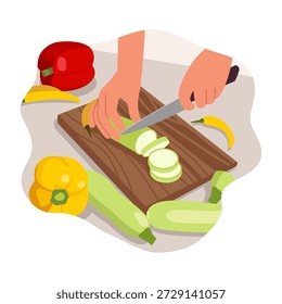 Vector illustration of top view of hands cutting vegetables on a board. Cartoon scene of cutting on a wooden board healthy vegetables: zucchini,bell peppers,chili peppers isolated on white background.