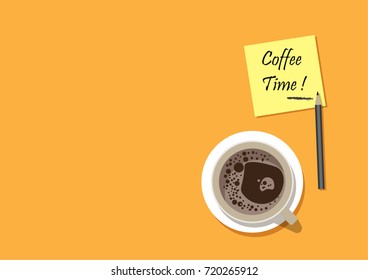 Vector illustration of Top view image of coffee cup on yellow background with text :  Coffee time. Flat Design and Copy space.