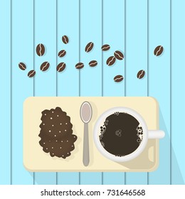 Vector illustration of Top view image of coffee cup and cookie on blue background. coffee bean on blue table.