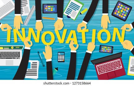 Vector illustration. Top view innovation in business concept. Businessmen hands holding letter together. Symbol of process, planning, strategy, goals, team work, future, success