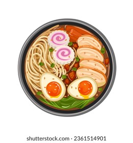 Ilustración vectorial, vista superior del ramen japonés, coronado con carne cortada, narutomaki, huevo hervido Ajitsuke Tamago o Ajitama, y cebollas cortadas de primavera, aisladas en fondo blanco.