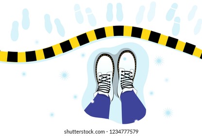 Vector Illustration of top view of legs, boots on snow, stripe, footprints. Psychological concept of isolation, protection Virus, personal boundaries, separation, loneliness. Cover, background of site