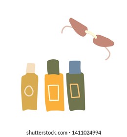 Vector illustration top view luggage. Flat lay concept. Open packed suitcase. Advertising, poster, banner and web design. 