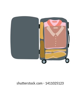 Vector illustration top view luggage. Small open packed suitcase. Advertising, poster, banner and web design. 