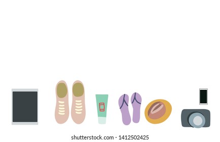 Vector illustration top view luggage. Flat lay concept. Open packed suitcase. Advertising, poster, banner and web design. 