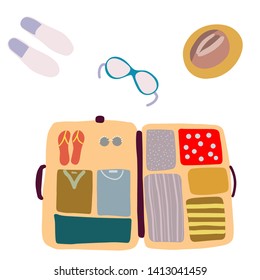 Vector illustration top view luggage. Flat lay concept. Open packed suitcase. Hat, shoes and sunglasses. Advertising, poster, banner and web design. 