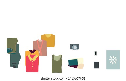 Vector illustration top view luggage. Flat lay concept. Open packed suitcase. Advertising, poster, banner and web design. 