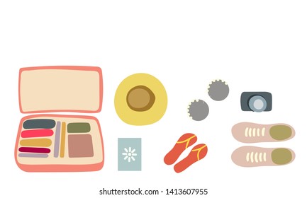 Vector illustration top view luggage. Flat lay concept. Open packed suitcase. Advertising, poster, banner and web design. 