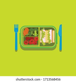 Vector illustration top view of a lunch box inside broccoli, carrots, cherry tomatoes and a sandwich, flanked by a knife and fork.