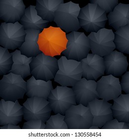 Vector illustration: top view of many black umbrellas, another orange umbrella in contrast to many other.