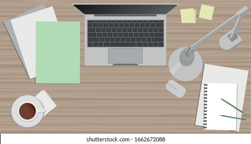 Vector illustration of top view of modern workplace with laptop, notebook, lamp, office supplies, notebook, pen, paper, coffee.