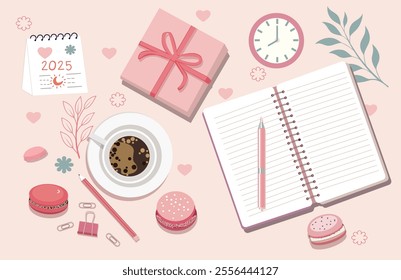  Vector illustration Top view of office desk with cup of coffee, macaron, office supply, gift box on pastel background. Beauty blog concept.