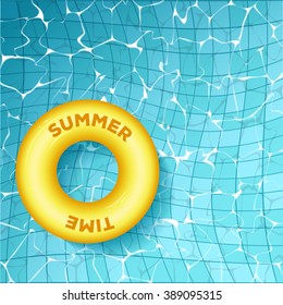 Vector illustration of top view of open pool with rubber ring. Title "Summer Time". Pool with clear blue water with rubber surface.