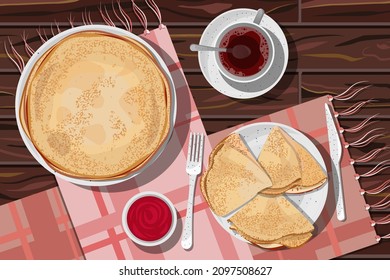 Vector illustration of top view of pancakes folded in triangle and in stack in white ceramic plates, jam and hibiscus tea in cup on saucer isolated on wooden table with coral towels.
