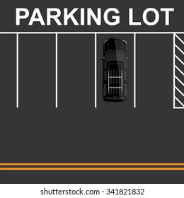 Vector illustration top view parking lot concept. Black car top view. Generic car. Sport car 