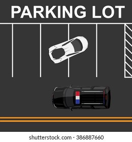 Vector illustration top view parking lot concept. White car top view. Generic car. Sport car and police car