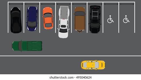Vector illustration top view parking lot concept. Sport car, pick up car, sedan car and offroad car. Parking zones.
