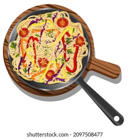 Vector illustration of top view of pasta with pepper, parsley, cheese, tomatoes, carrots, purple cabbage and spices on frying pan and wooden board isolated on white background.
